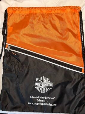 Harley-Davidson Orange and Black Drawstring Backpack with Zipper Pocket